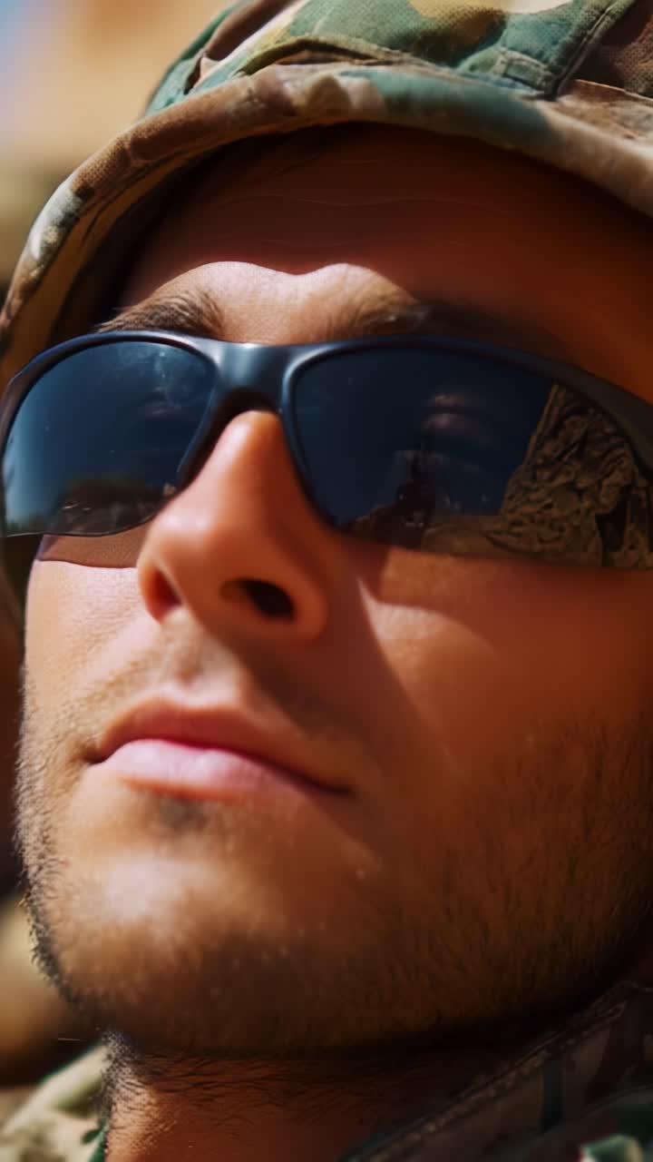 Close-Up Portrait of a Soldier with Sunglasses in Combat Gear, Capturing Intense Focus and a Reflective Background in an Outdoor Environment