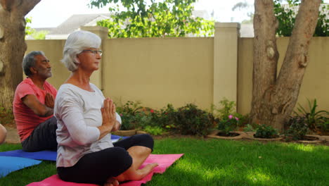 senior friends performing yoga in garden 4k