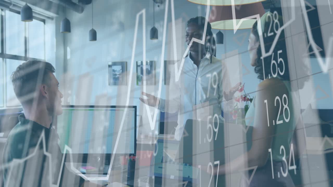 Animation of financial data processing over diverse business people having meeting at office