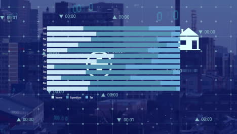 animación del procesamiento de datos con iconos sobre el paisaje urbano