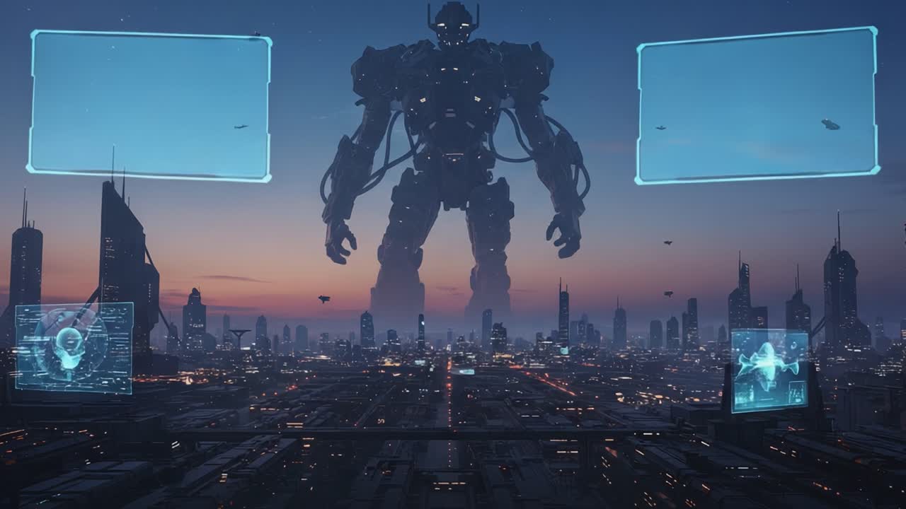 Un robot colossale si erge su un paesaggio urbano futuristico, illuminato da uno splendido tramonto mentre avanzate interfacce tecnologiche fluttuano, evidenziando una fusione di innovazione e fantascienza
