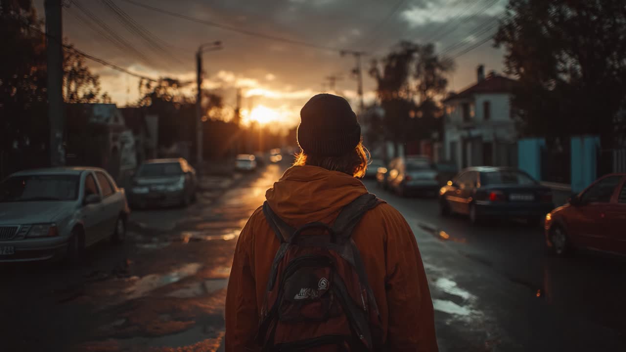 Una figura solitaria si erge al limitare di una strada bagnata dalla pioggia, contemplando il vivace tramonto, circondata da auto parcheggiate e tetti, incarnando un momento di riflessione e tranquillità.