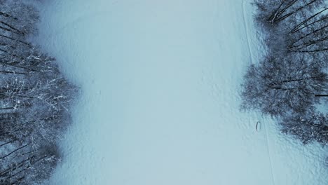 Die-Lichtung-Mitten-Im-Wald-Bedeckte-Im-Winter-Von-Oben-Betrachtet-Viel-Schnee