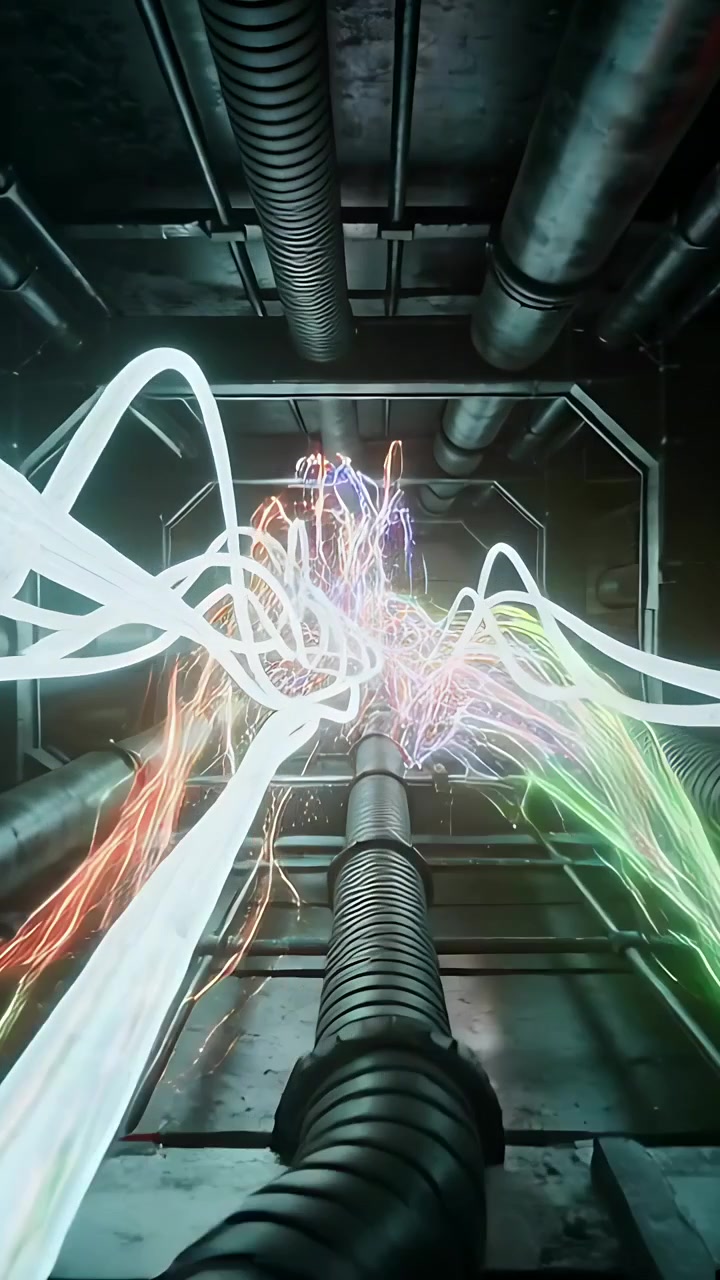 Vertical video: Bursting light causing ribbon cables wrapping trunk in shaft upward, sparking pipes