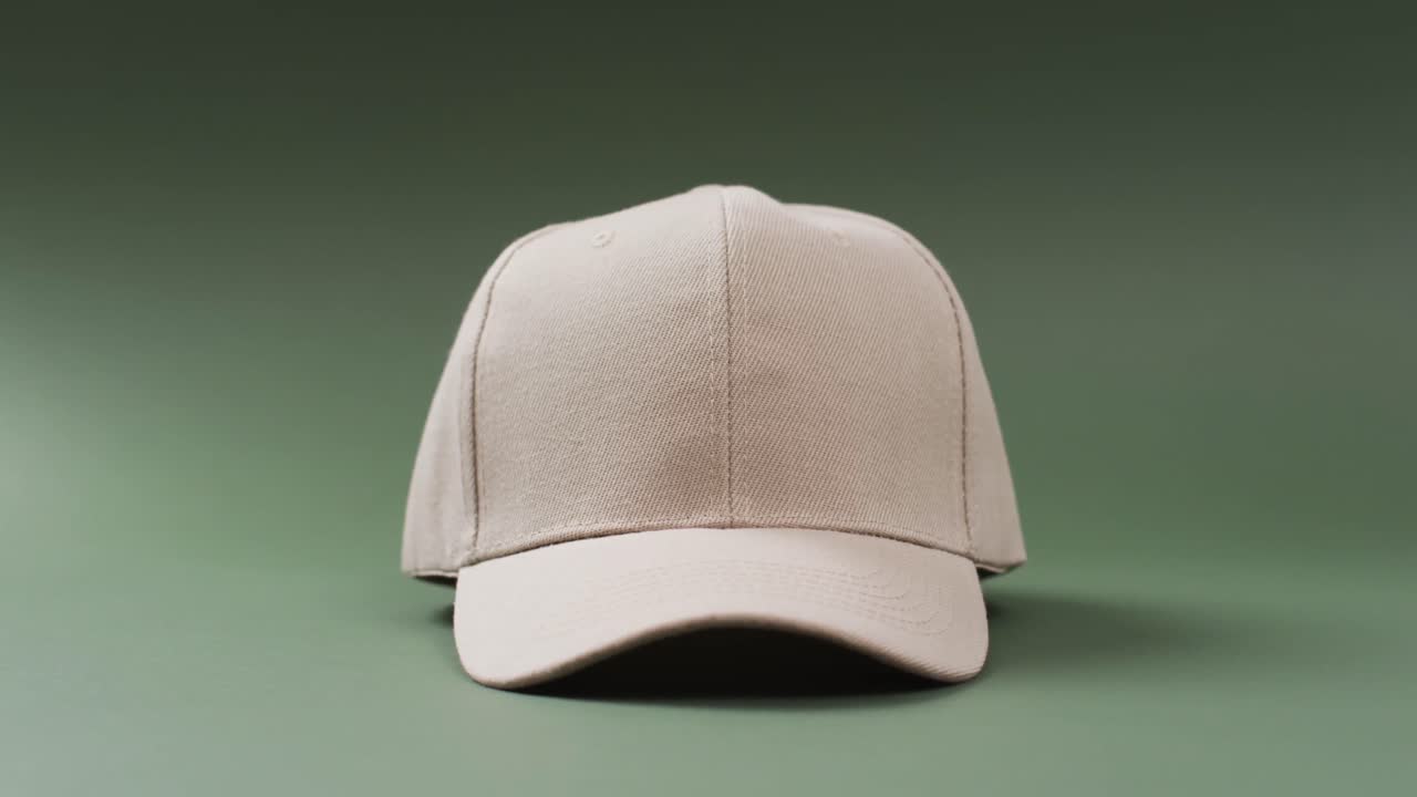 베이지 야구 모자 와 녹색 배경 에 있는 복사 공간 의 비디오