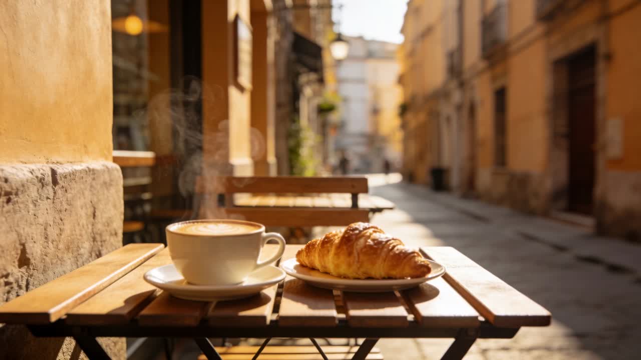 Calda luce solare mattutina che colpisce il tavolo di legno, caffè, vapore che sale dalla tazza di ceramica accanto al cornetto
