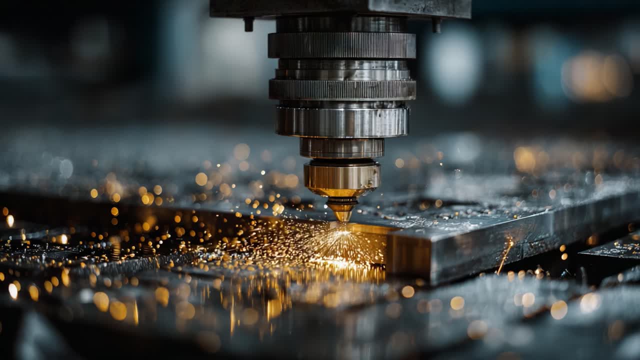 High-Precision Laser Cutting Process Captured in Motion, Showcasing Sparks and Detail in a Modern Manufacturing Environment