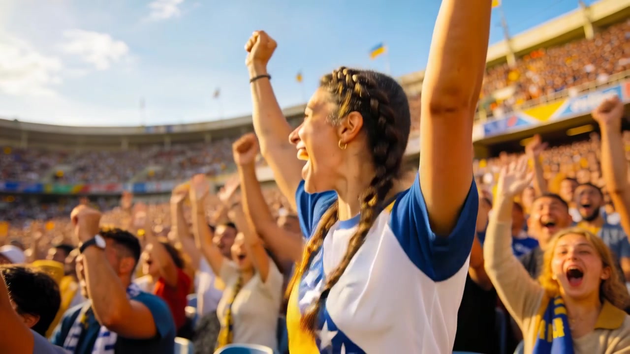 Aficionado con trenzas animando, levantando los brazos, aplaudiendo y gritando en el estadio después de un gol, vistiendo una camiseta y un reloj
