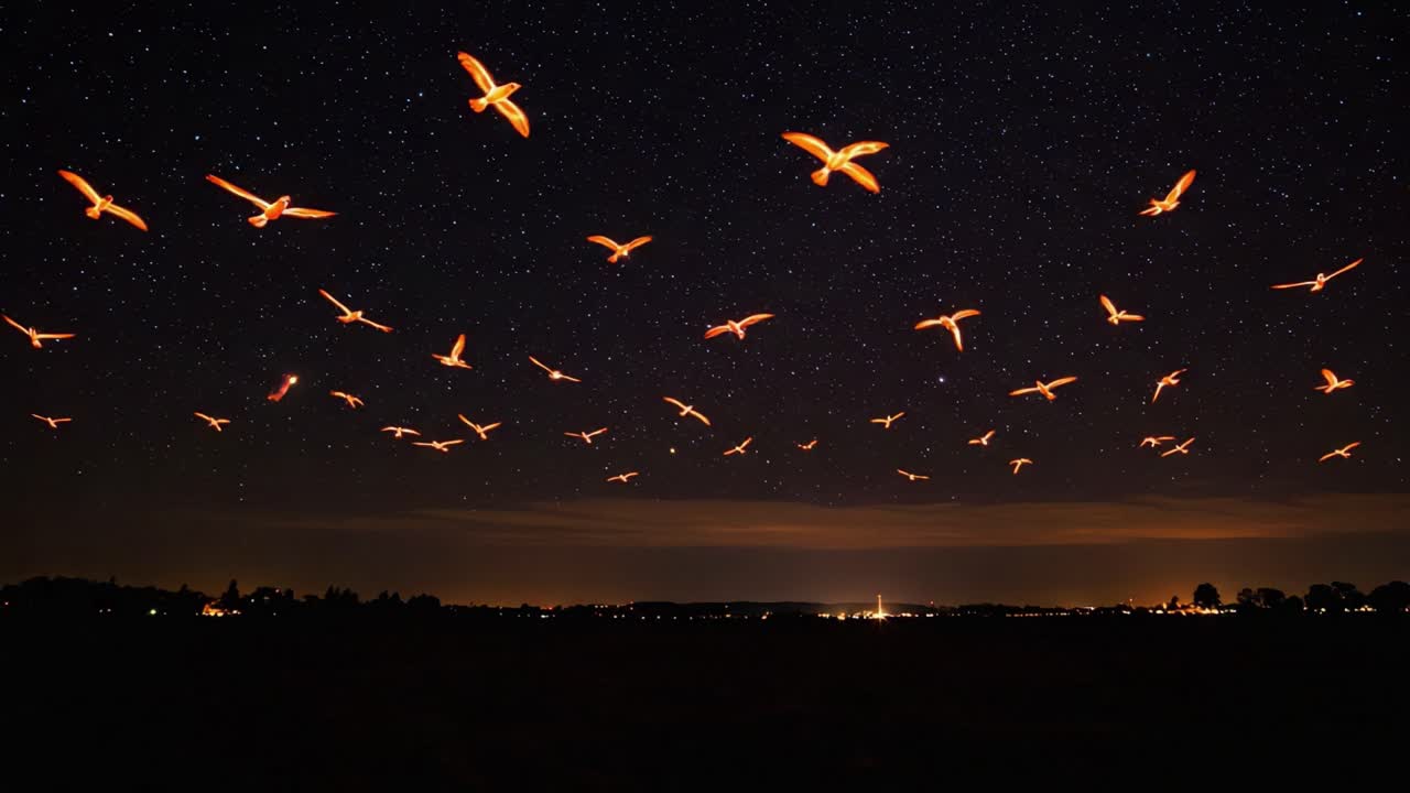 A Mesmerizing Display of Glowing Birds in Flight Beneath a Starry Night Sky, Capturing the Essence of Nature's Beauty and Serenity in Motion