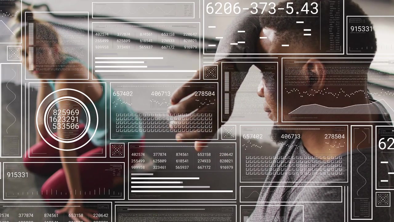 Male fitness coach reaching, guiding female trainee, adjusting form while HUD animating metrics