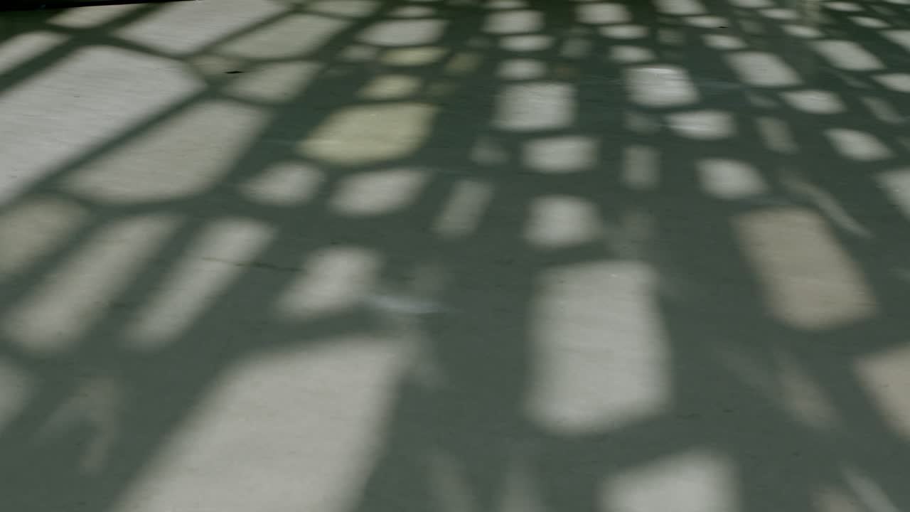 기하학적 태양 그림자는 레이크야비크의 오페라 하우스 바닥에 복잡한 패턴을 던집니다.