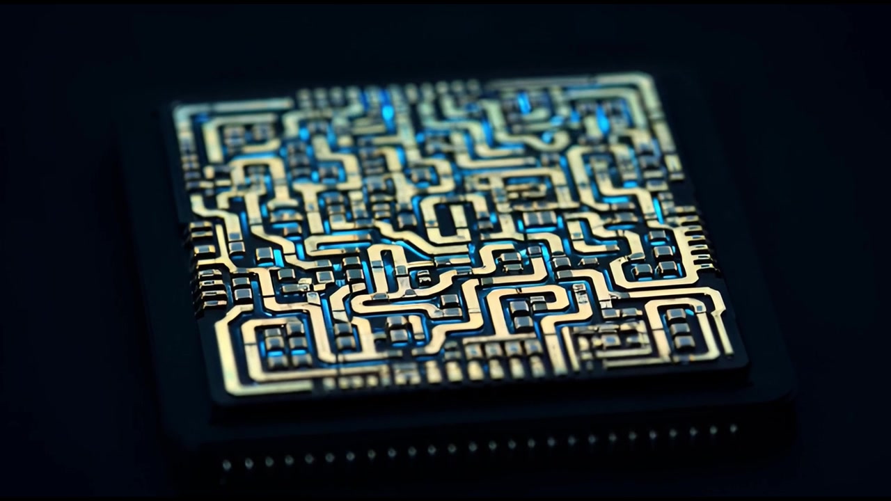 Close-up of a Microchip with Glowing Blue Circuits