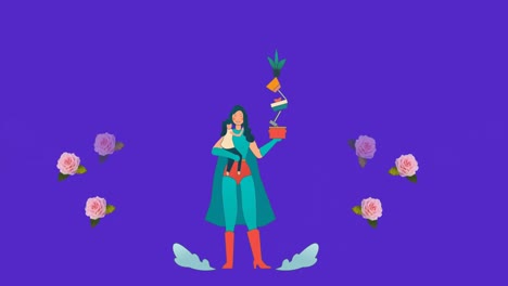 Animation-of-superhero-mum-with-daughter-and-plants-flowers-moving-in-hypnotic-motion-purple