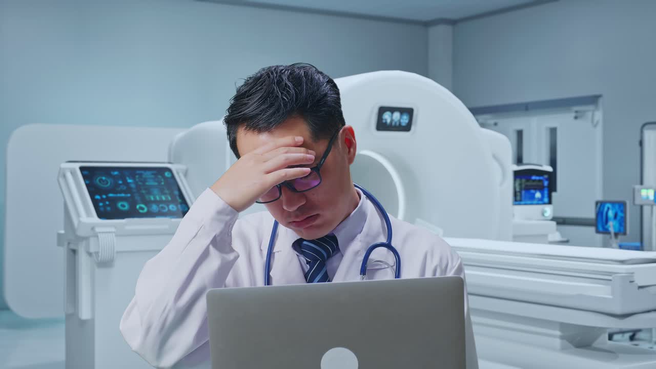 Close Up Of Asian Male Doctor Having A Headache While Working On A Laptop With MRI Machine In The Hospital