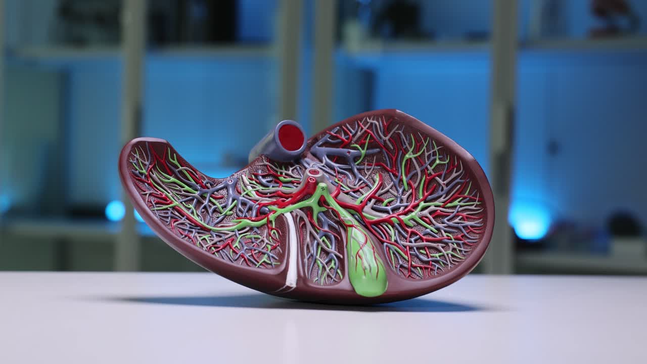 Modelo anatómico detalhado de fígado numa mesa de clínica em laboratório.