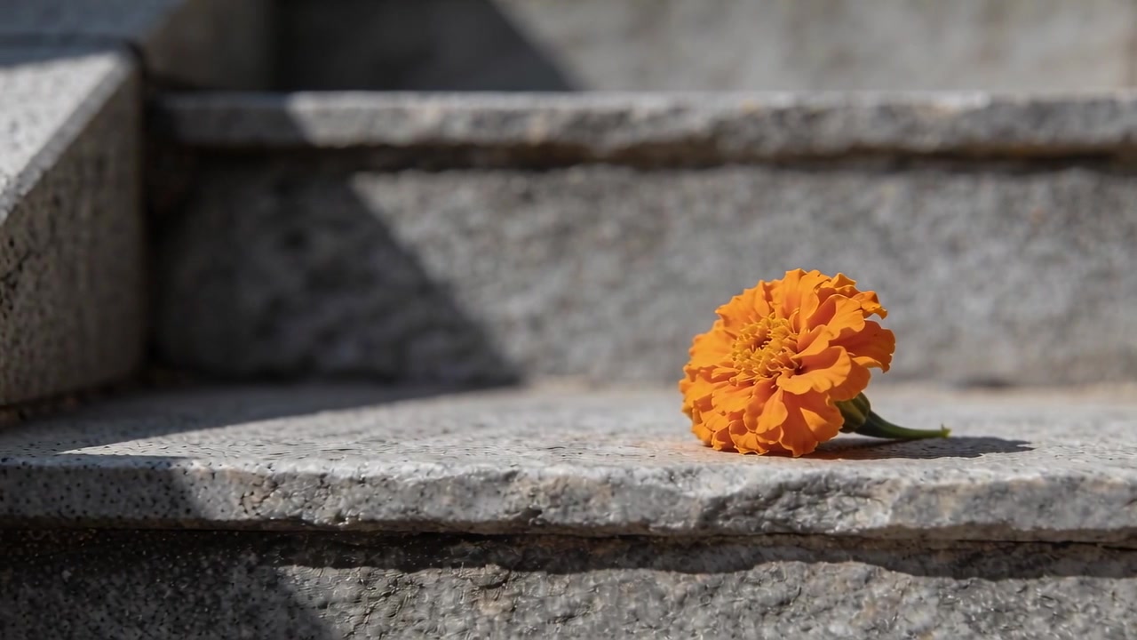 Vista della telecamera che si sposta a sinistra rivelando dei gradini, con una calendula che si muove a destra per via dell'ombra, e spazio per il testo.