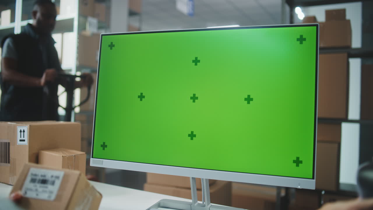 주문을 수행하기 위해 컴퓨터를 사용하는 창고 직원