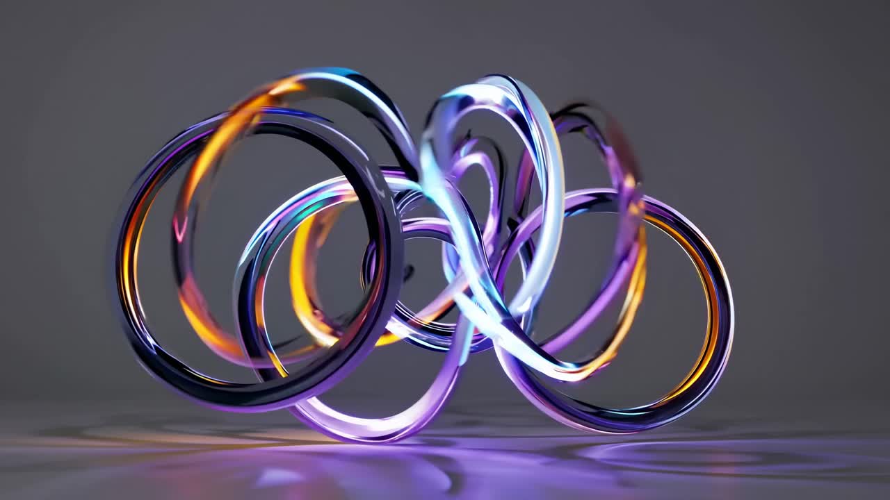 Abstract video art with glowing, intertwined rings in purple and blue hues