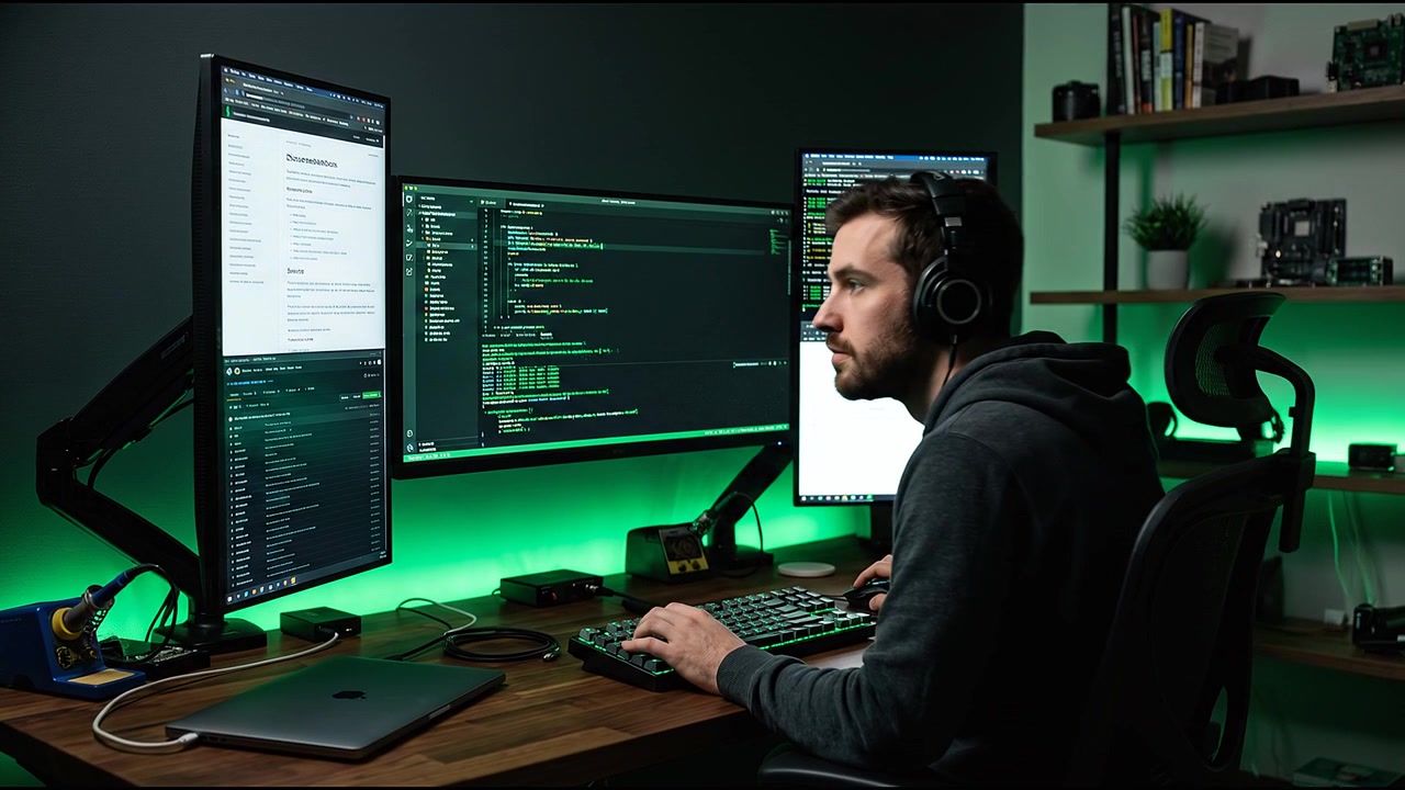 Muž pracující na více monitorech v tmavé domácí kanceláři se zeleným osvětlením