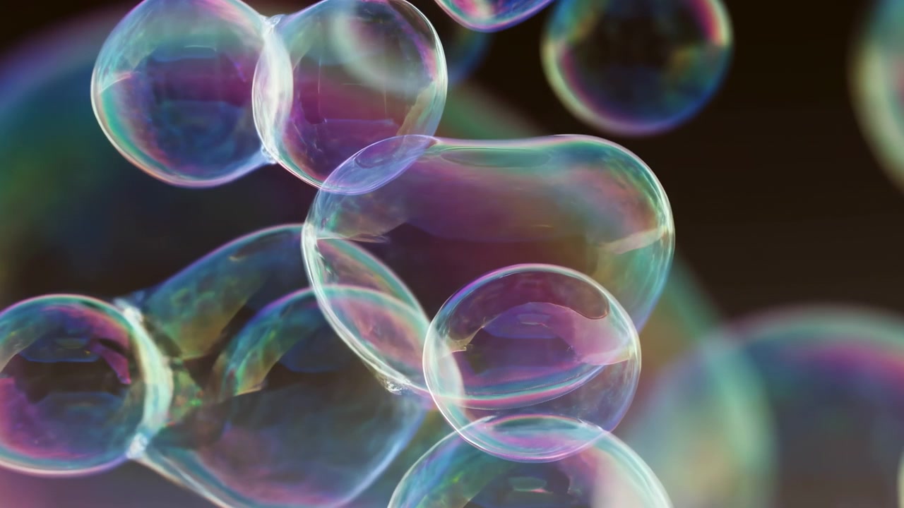 Closeup Iridescent Soap Bubbles Float In Slow Motion, Overlapping Translucent Spheres Reflecting Pastel