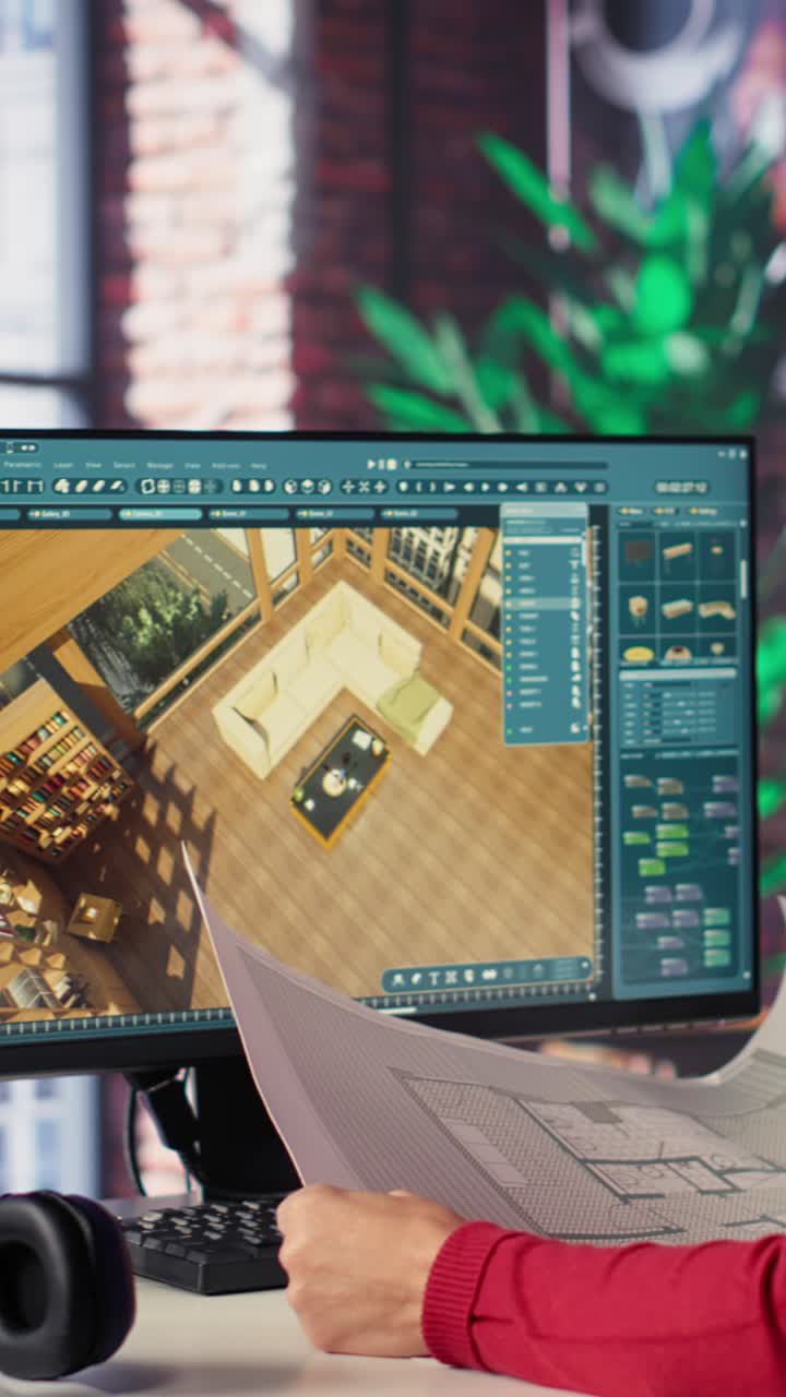 Vertical Video Remote worker in creative office uses CAD software and blueprints plan