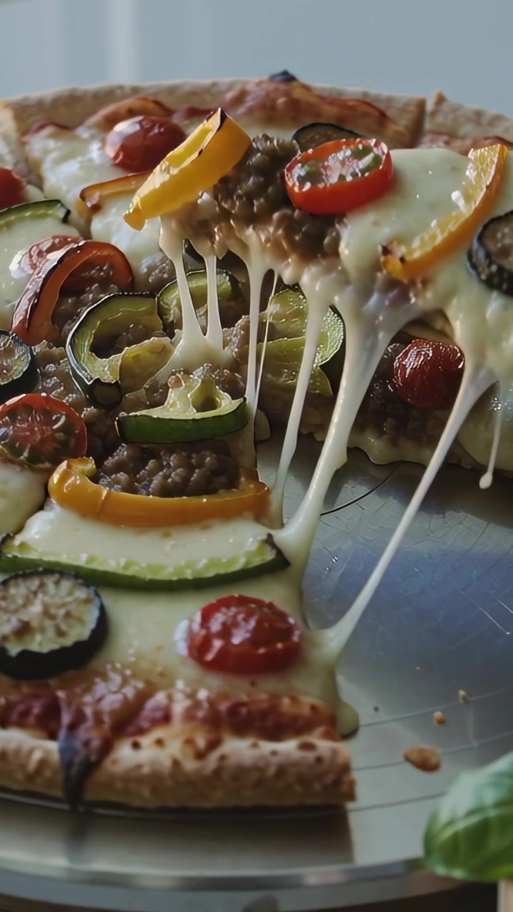 Video verticale: Mano che afferra e solleva una fetta di pizza dal vassoio in cucina, servendo, con il formaggio che fila