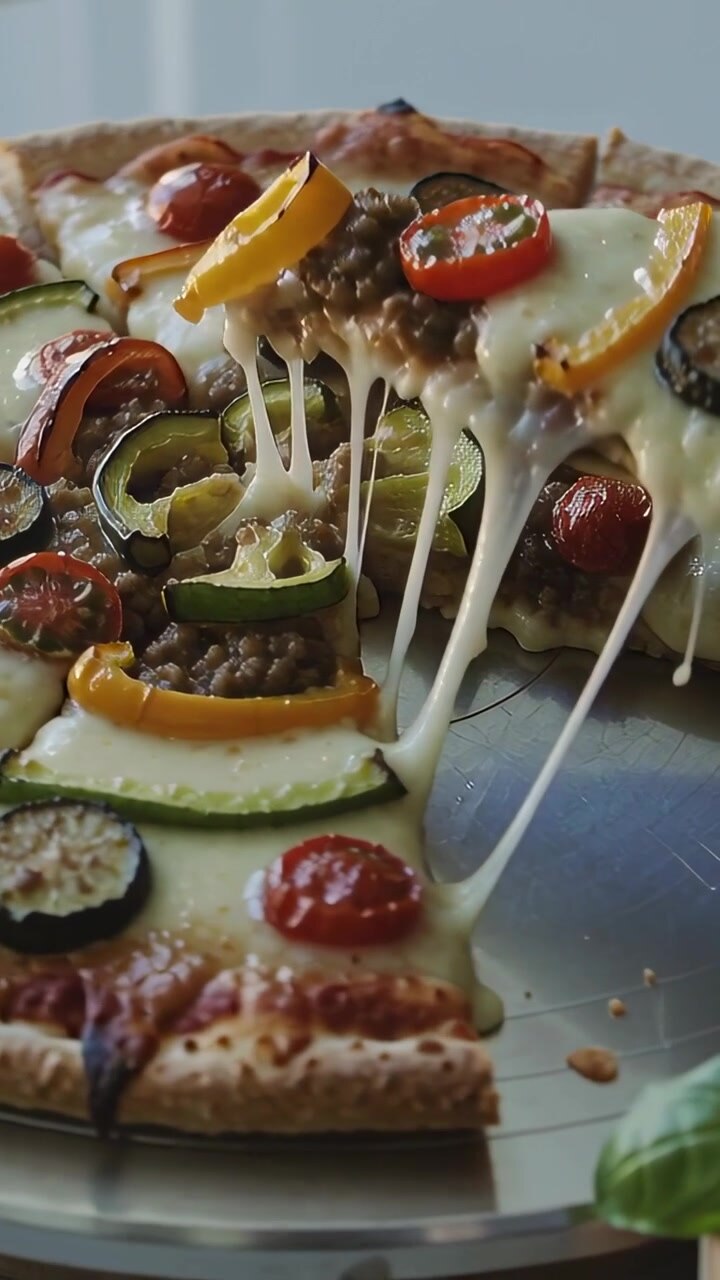Video verticale: Mano che afferra e solleva una fetta di pizza dal vassoio in cucina, servendo, con il formaggio che fila