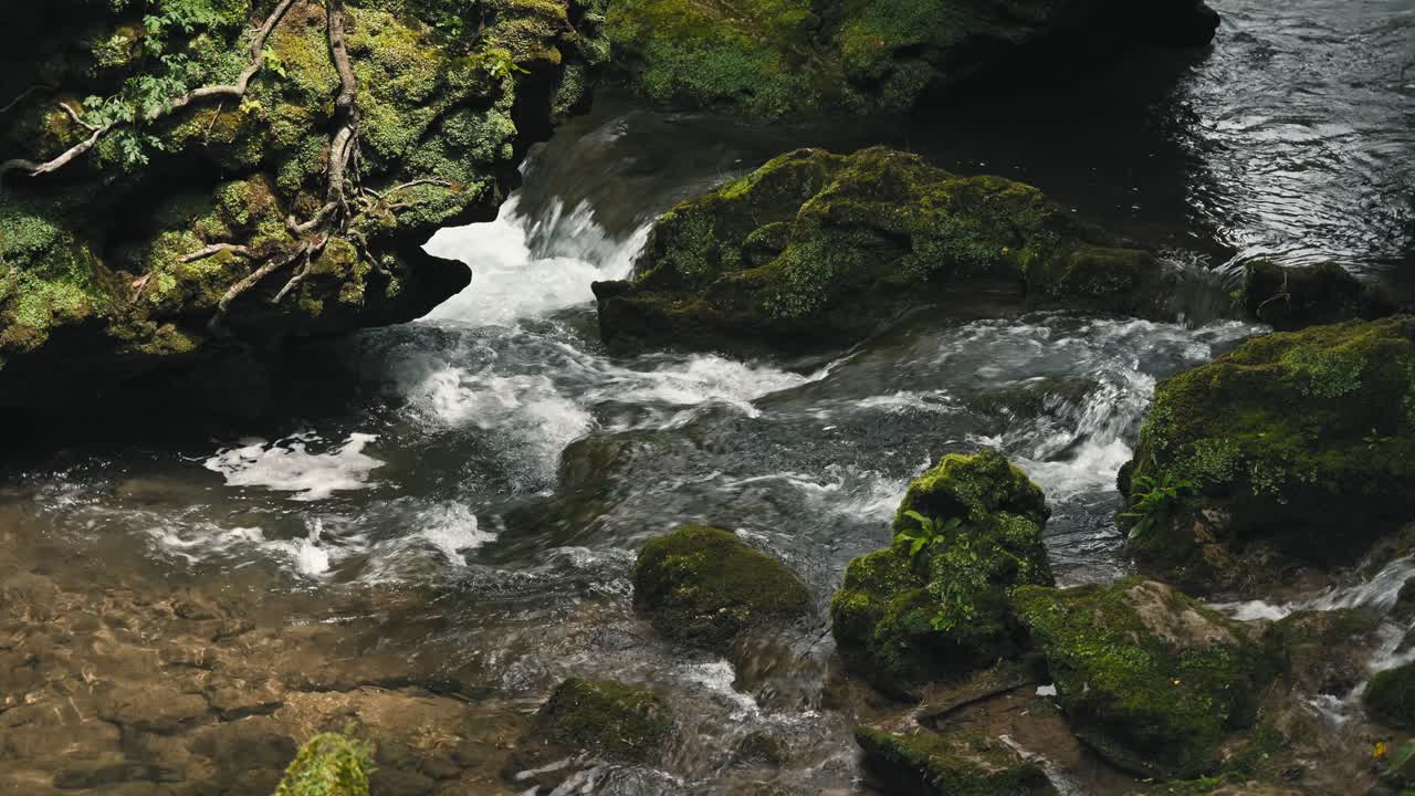 Close-up of the Slunjčica River with moss-covered rocks and clear flowing water in Rastoke, Croatia