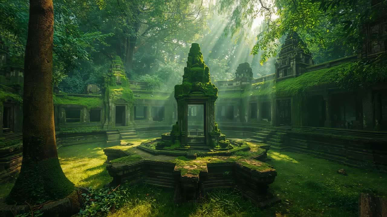 Streaming sunlight moving shadows across mossy courtyard at temple ruins revealing octagonal shrine