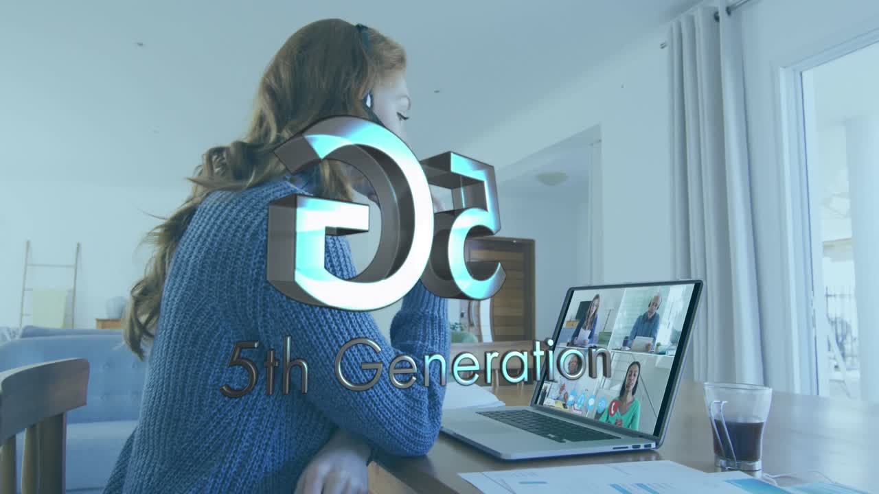 Animation of 5g generation over caucasian woman having video call on laptop