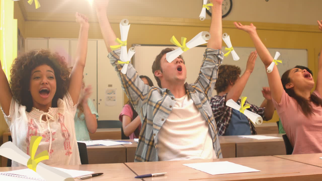 анимация падающих икон над различными учениками в классе в школе