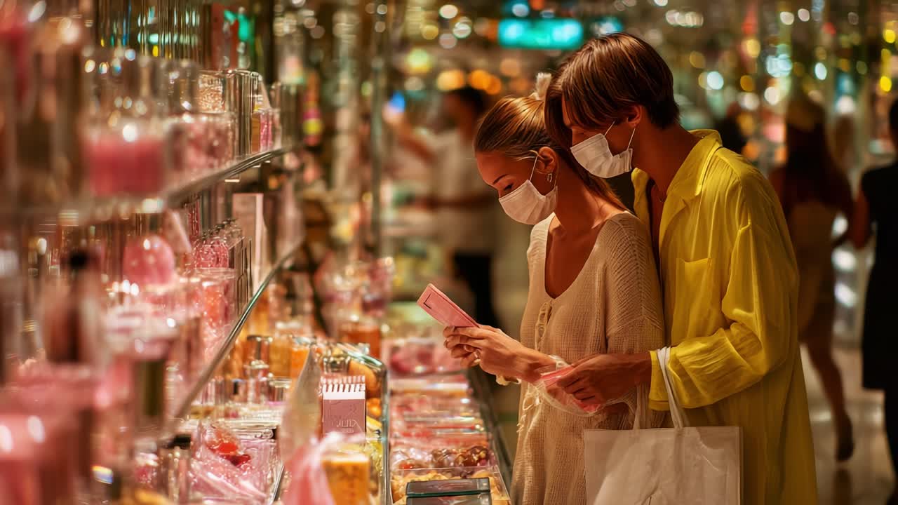 A Couple in a Colorful Shop Filled with Glittering Displays of Pink Snacks and Sweet Treats, Exploring the Delights While Wearing Masks for a Fun and Safe Experience