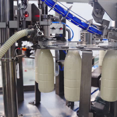 robotic process for filling bottles with milk in a factory. milk is pouring into plastic bottles by a special automatic equipment in a modern dairy plant.