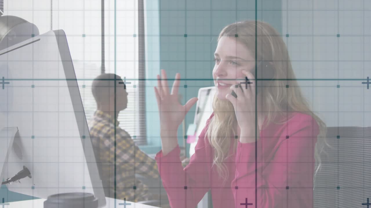 Female office worker answering smartphone call with animated icons appearing resolving client issue