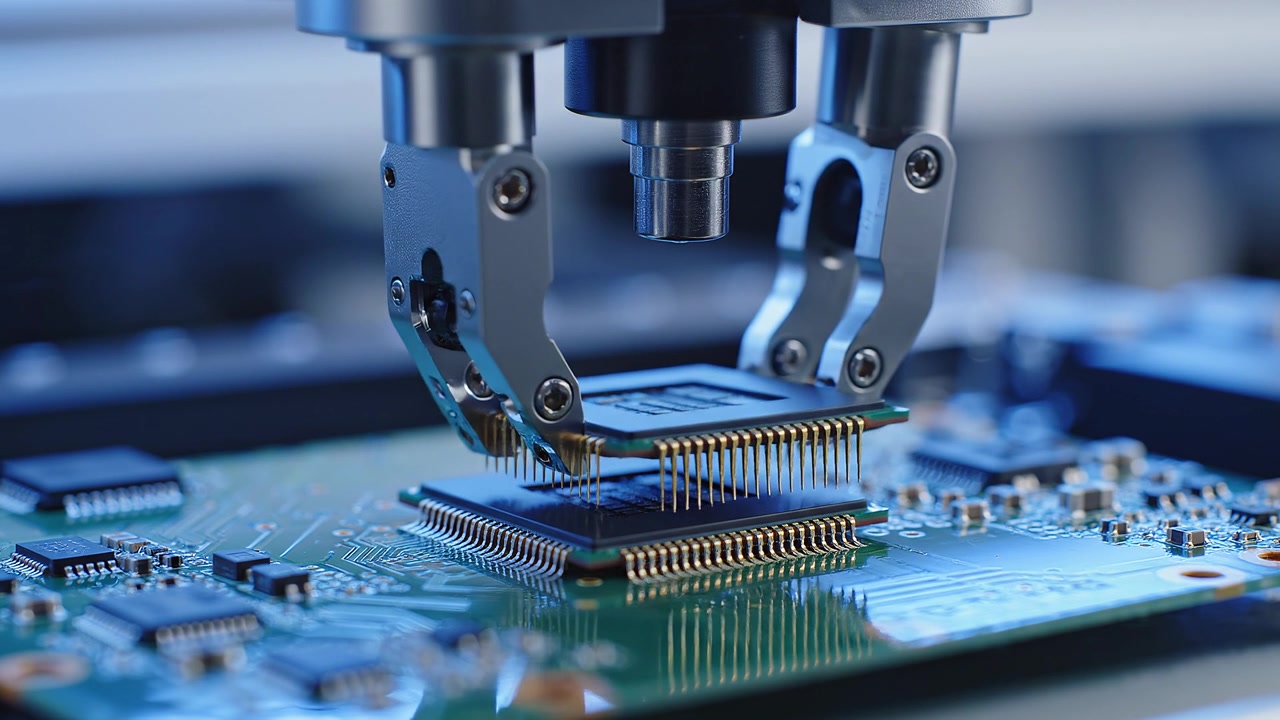 Robotic arm precisely installing a microchip on a circuit board