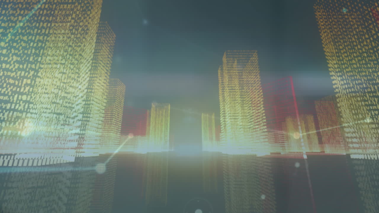 animación de puntos conectados con líneas que se mueven en medio de rascacielos iluminados en la ciudad