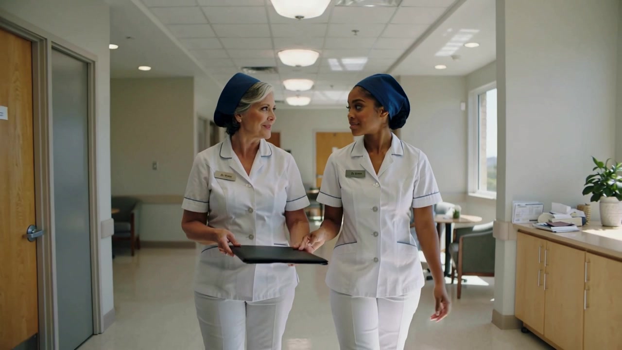 Entering nurses in white uniforms, blue headscarves, walking hospital hall consulting black folder