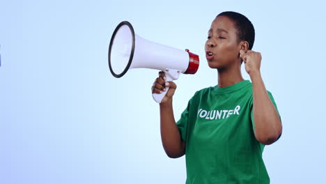 woman, volunteer voice and megaphone for protest