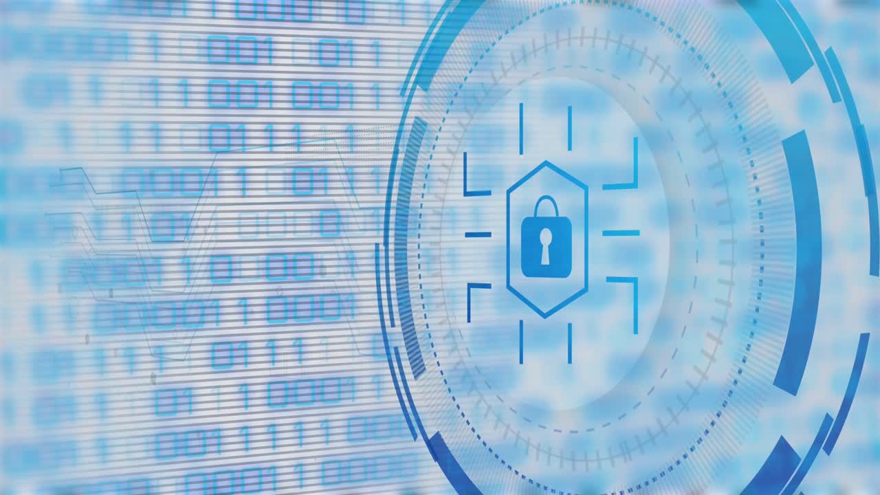 Animation of padlock over data processing on white background
