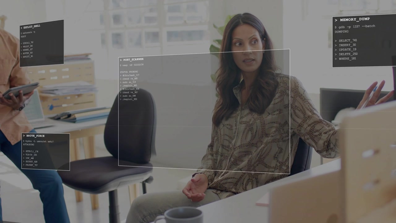 Woman gesturing and explaining security on tablet tap, with UI PORT_SCANNER overlays around her