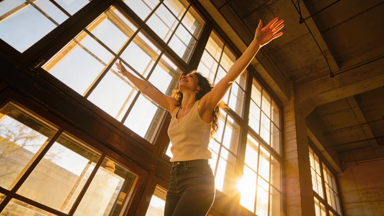 Donna con top senza maniche e jeans che apre le braccia, seguendo il sole basso in un loft con finestre e una colonna.