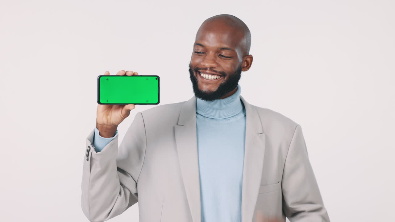 Phone, black man and green screen with thumbs up