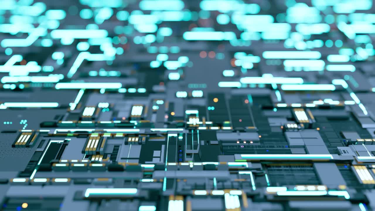 Electric print circuit board and Green-Blue light effect. Technological elements innovation background.