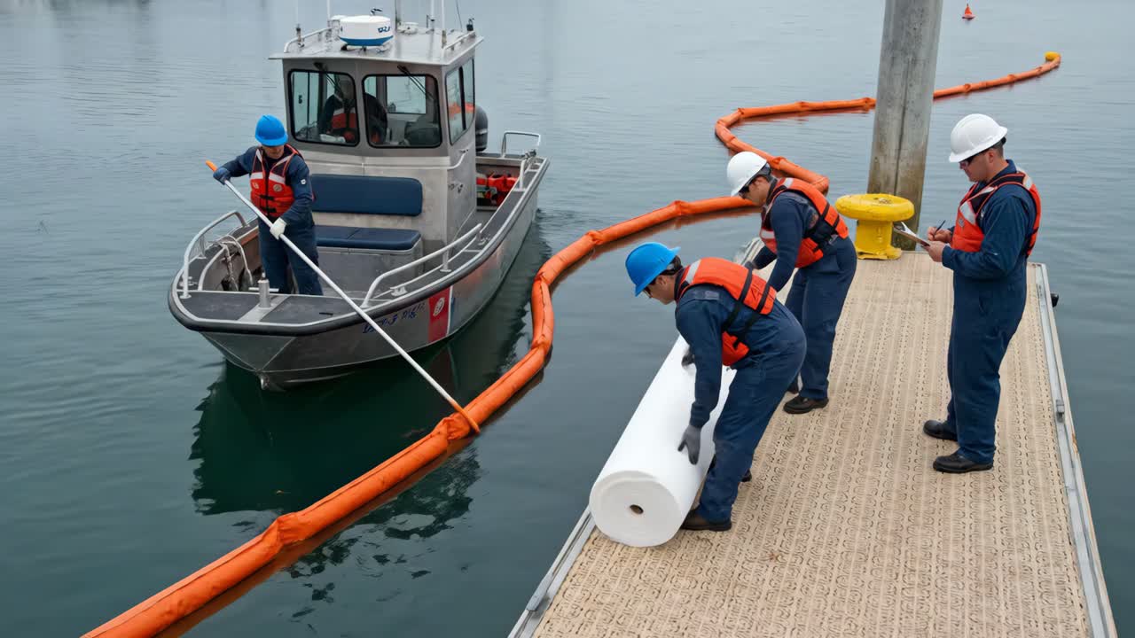 Operarios desplegando barrera de contención de vertidos de petróleo y almohadillas absorbentes en un puerto deportivo