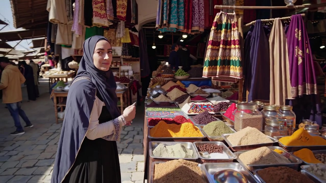 Young Woman in Hijab Shopping at Traditional Spice Market
