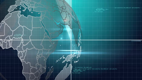 Globo-Giratorio-Con-Animación-De-Procesamiento-De-Datos-Sobre-Fondo-De-Cuadrícula-En-Estilo-Digital