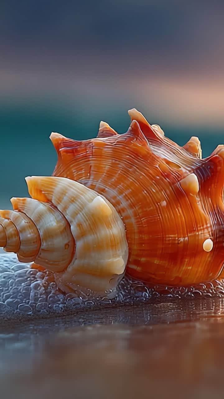 A Beautiful Close-Up of a Vibrant Seashell on the Beach Surrounded by Gentle Waves, Showcasing Nature's Intricate Designs and Earthy Tones