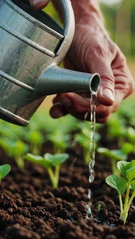 person watering young plants in a garden