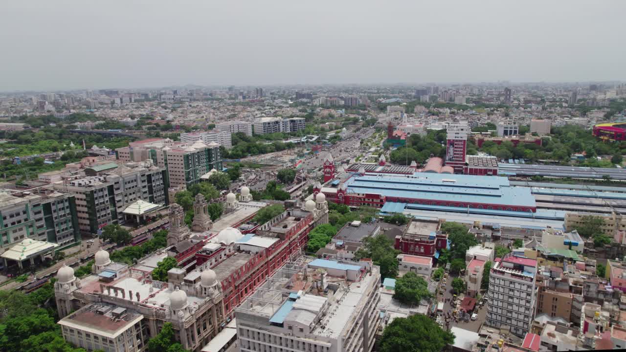 aerial reveal shot of government hospital, Southern Railway Headquarters, mgr central railway station and jawharlal nehru stadium in chennai tamil nadu, daytime , 4k, drone shot