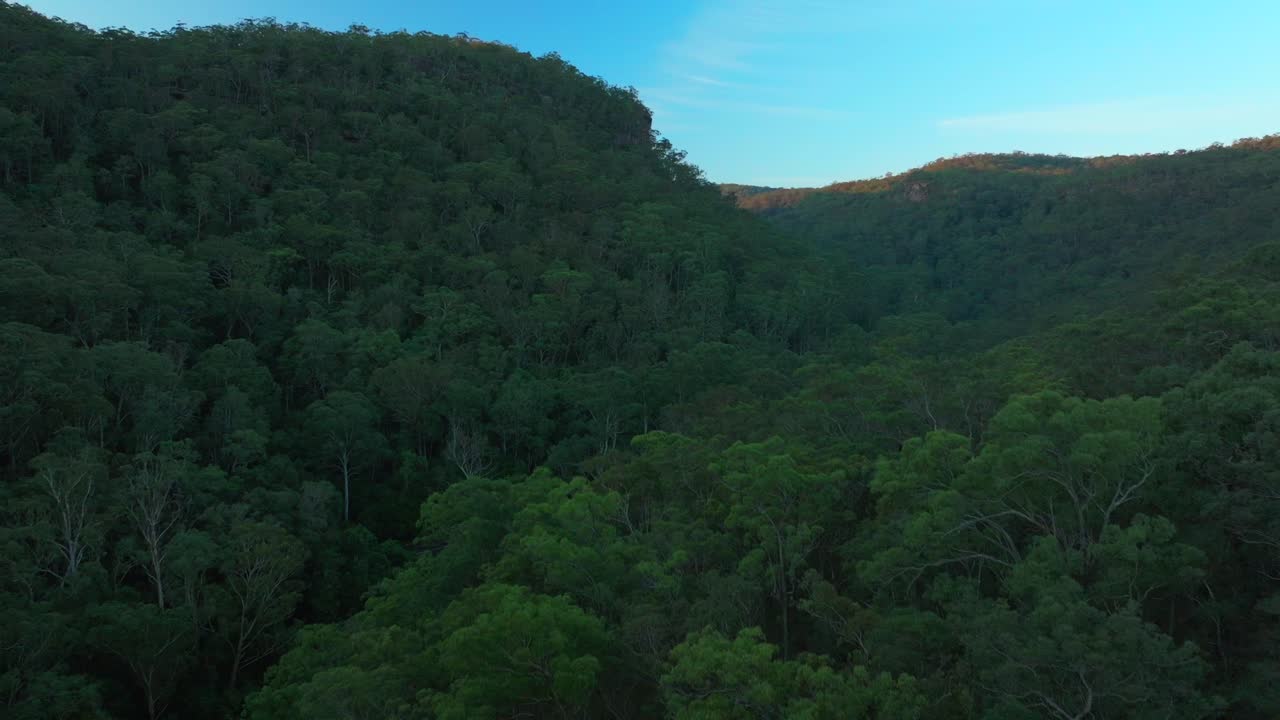 Lower Mangrove Blue Mountains Hawkesbury River bush Outback sunny Creek NSW Sydney cliffs Australia aerial drone spring summer Gum Eucalyptus trees Dharug Popran forest vibrant sunset forward motion